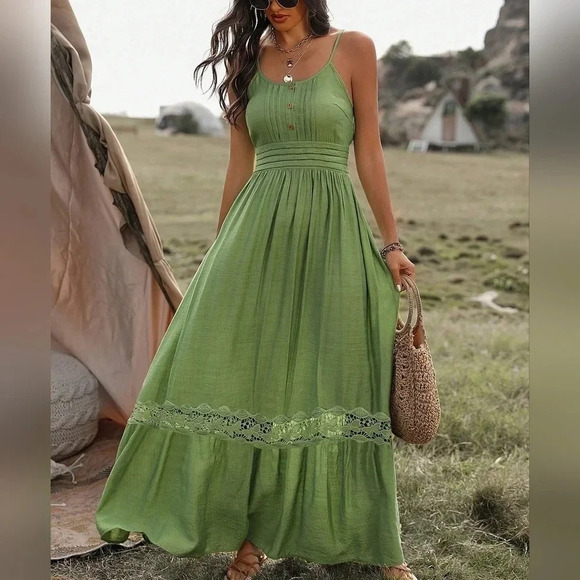 Women'S Splice Lace Cami Dress With Flounce Hem Long Sundress - Picture 4 of 4